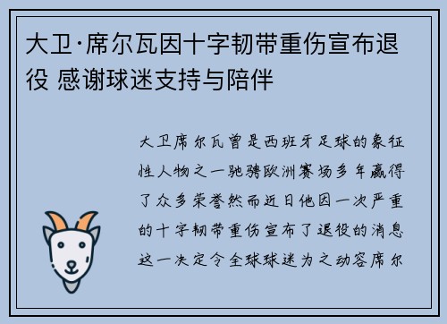 大卫·席尔瓦因十字韧带重伤宣布退役 感谢球迷支持与陪伴