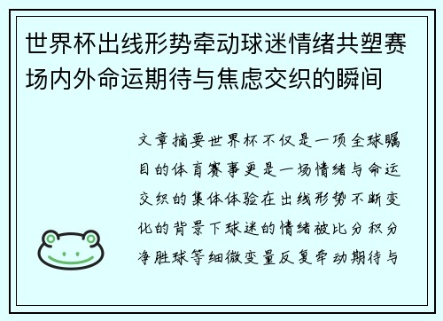 世界杯出线形势牵动球迷情绪共塑赛场内外命运期待与焦虑交织的瞬间