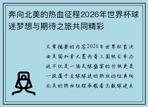 奔向北美的热血征程2026年世界杯球迷梦想与期待之旅共同精彩