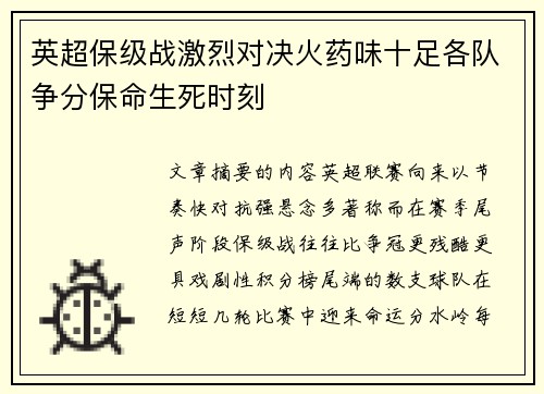 英超保级战激烈对决火药味十足各队争分保命生死时刻